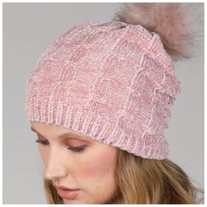 Blush pink soft chenille faux fur pom beanie